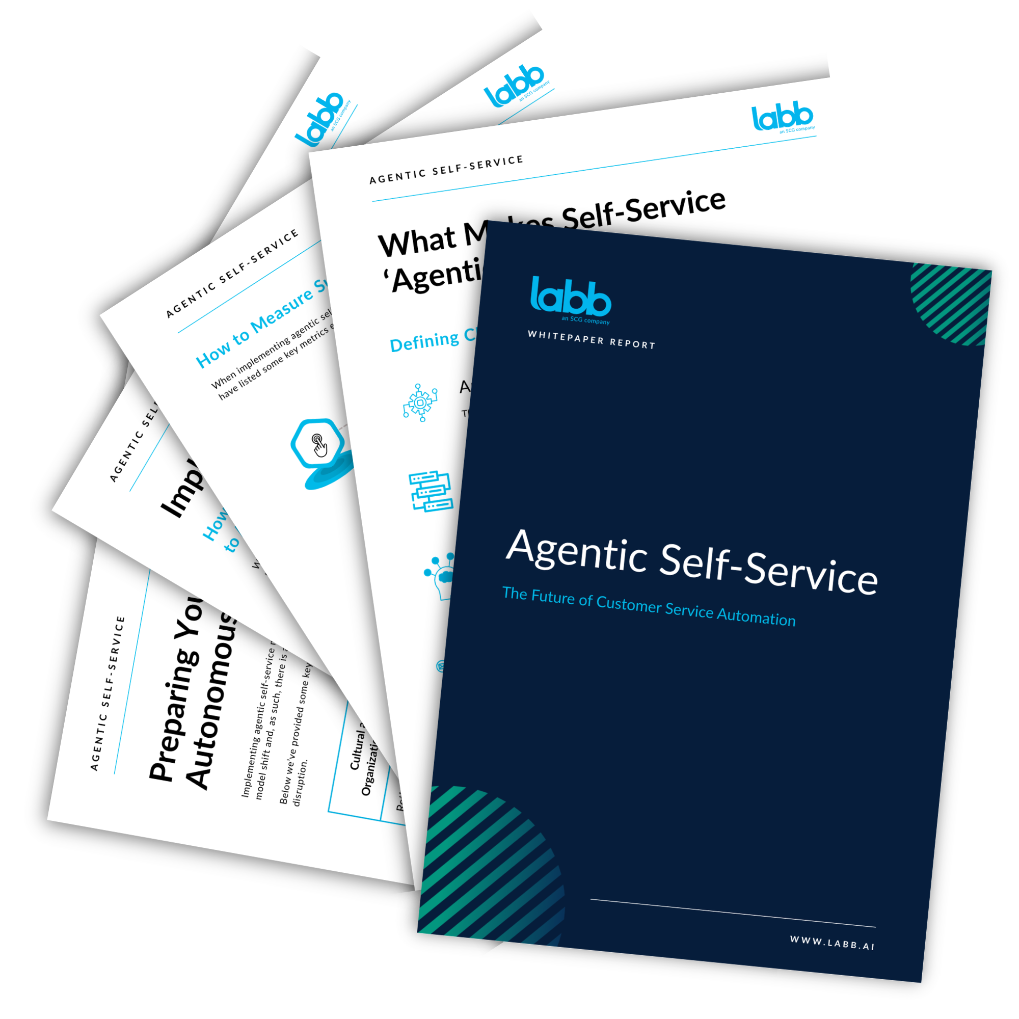 Pages from NETbuilder's Agentic Self-Service white paper fanned out as a header image for the white paper download page