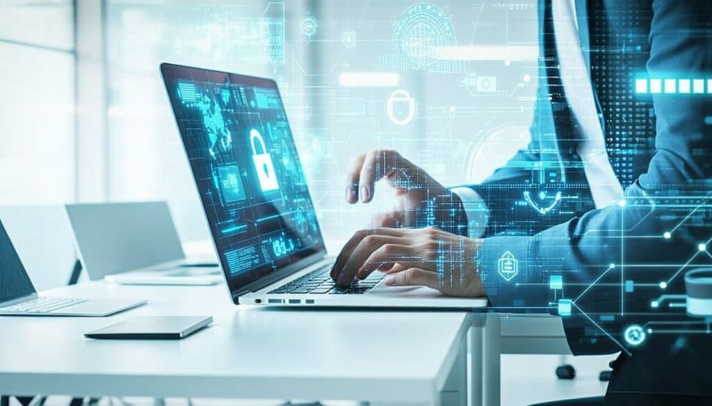 Close up of hands typing on laptop in a modern office environment. Person is dressed in a shirt implying a business environment and the laptop screen is displaying a padlock and other graphics associated with digital data and cyber security