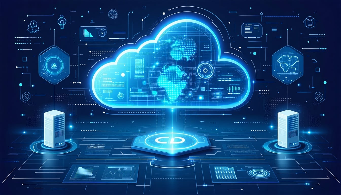 CGI of a cloud shape in a space style background surrounded by images of different endpoints, digital data and computer chips