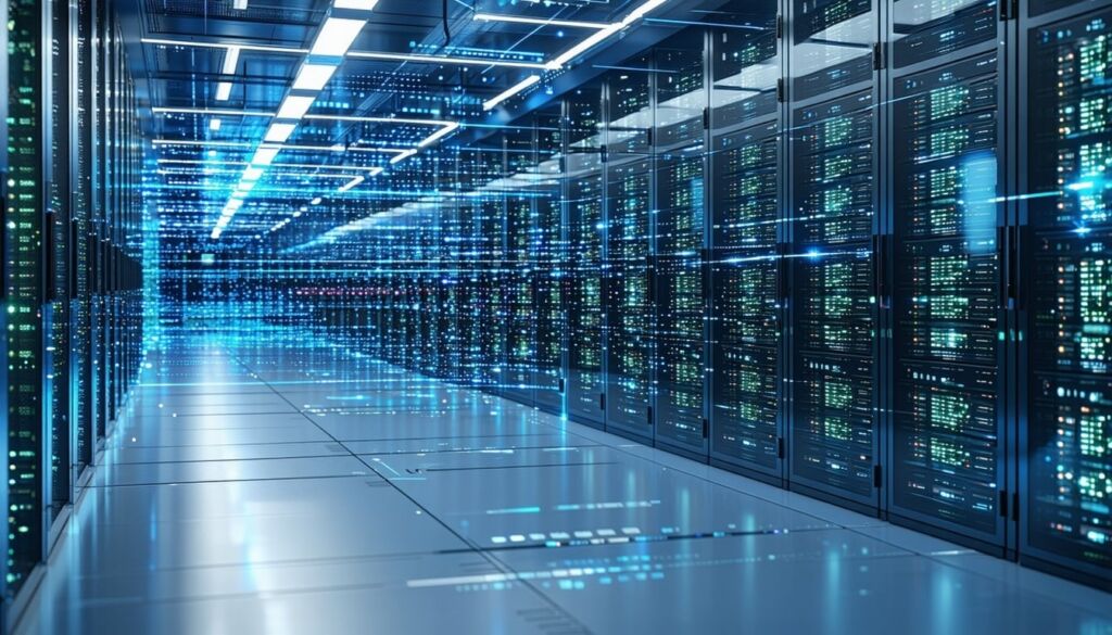 long corridor lined with servers, like a data centre for cloud storage
