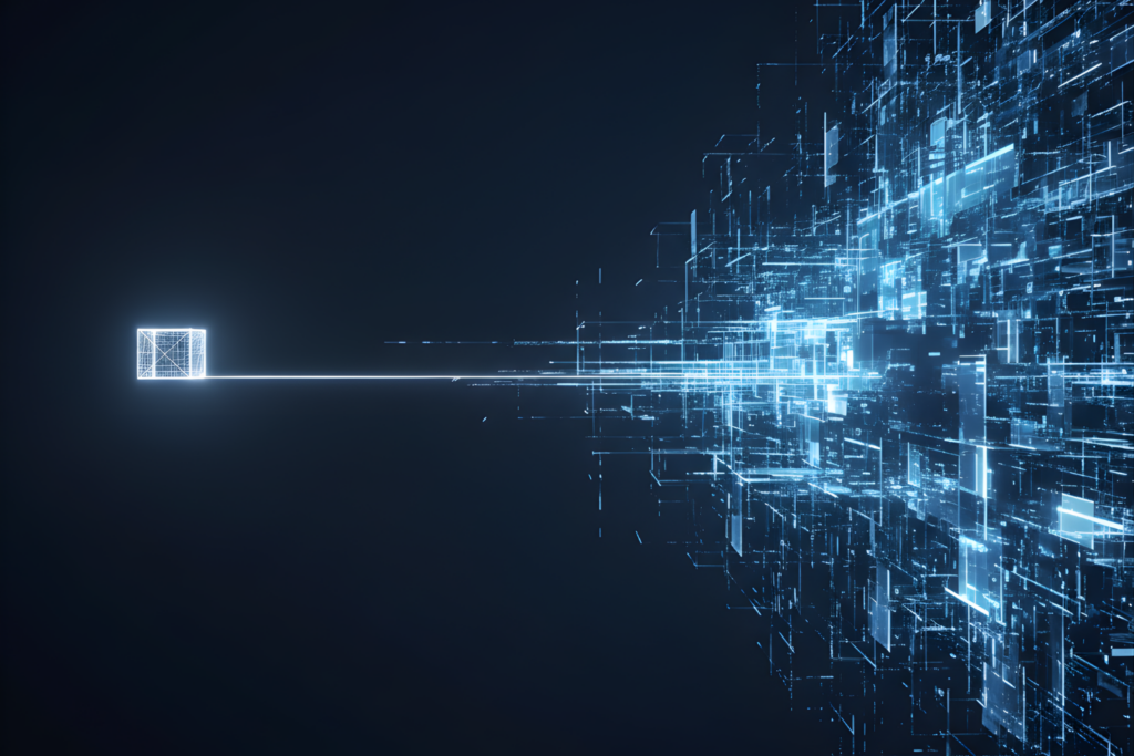 A futuristic tech illustration of a cube connected to an intricate matrix that is all in a glowing light blue neon