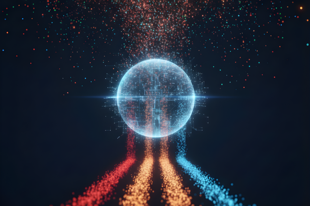 a futuristic tech illustration showing a glowing neon sphere with a mess of dots drifting downwards into it and four neat lines of dots channelling out of the bottom. Designed to symbolise the topic of the blog: What Agentic Triage Actually Looks Like