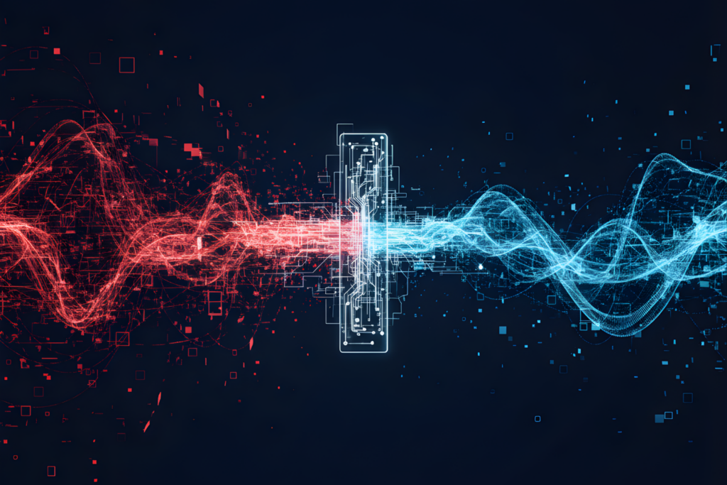 Futuristic image of electrical impulses travelling through a digital filter. One side is red, the other side is blue. It is supposed to symbolise that what you get out of an Agentic SOC is only as good as the data you put in.